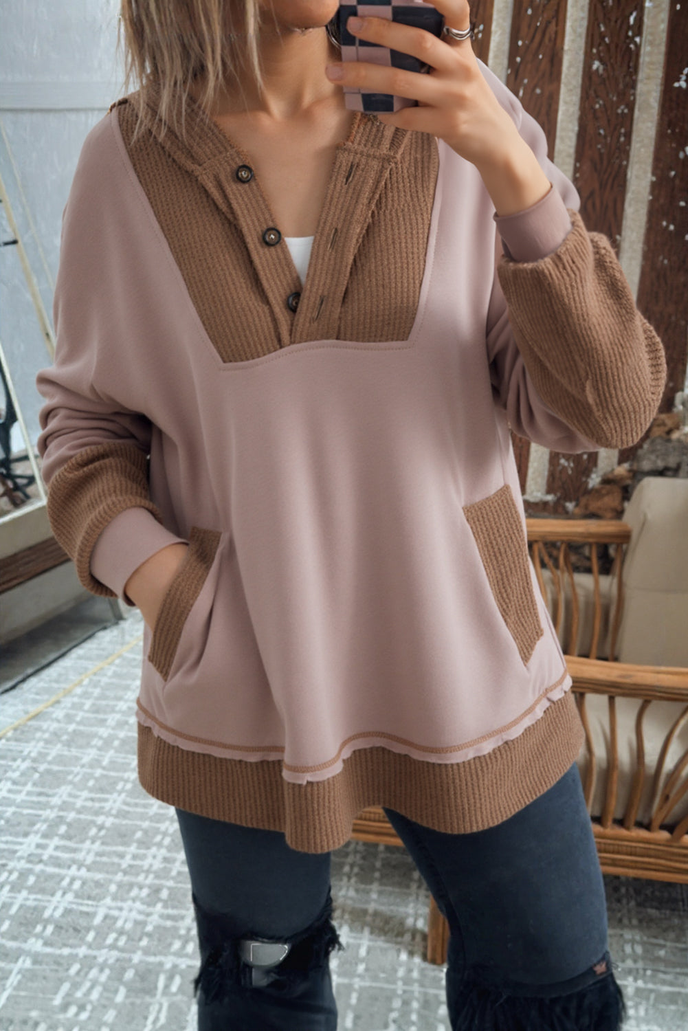 Goat Oversize Waffle Patchwork Exposed Seam Casual Hoodie femme