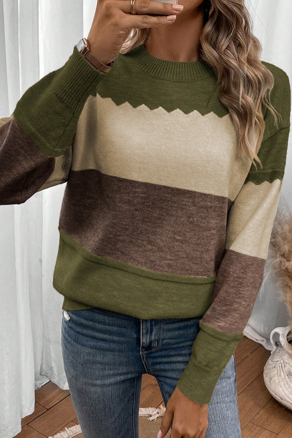 Pull femme épaules tombantes, col rond, colorblock — marron