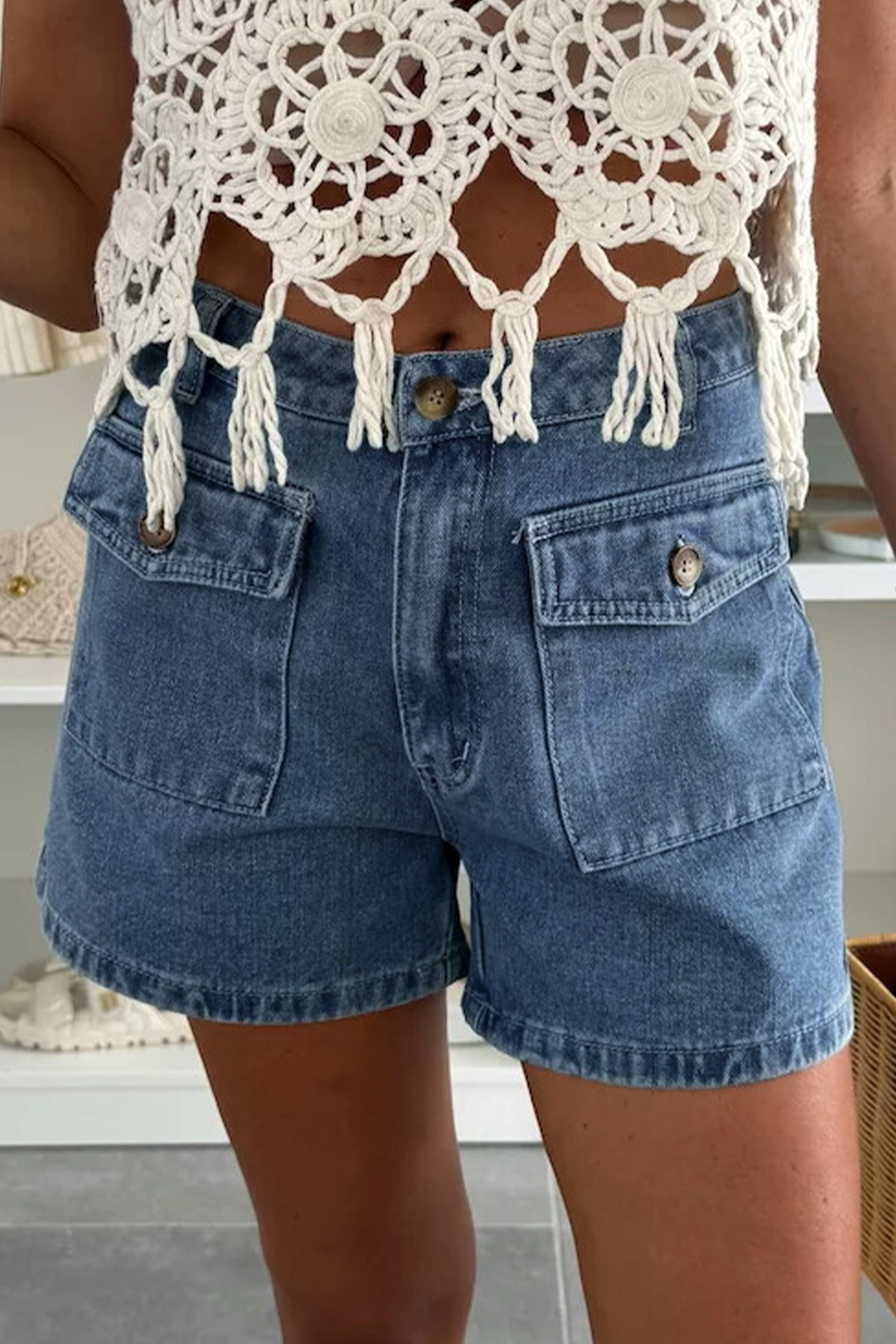 Short femme poches, denim — bleu