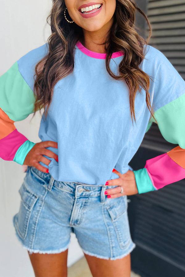Haut femme patchwork, manches longues, ample, colorblock — bleu foncé