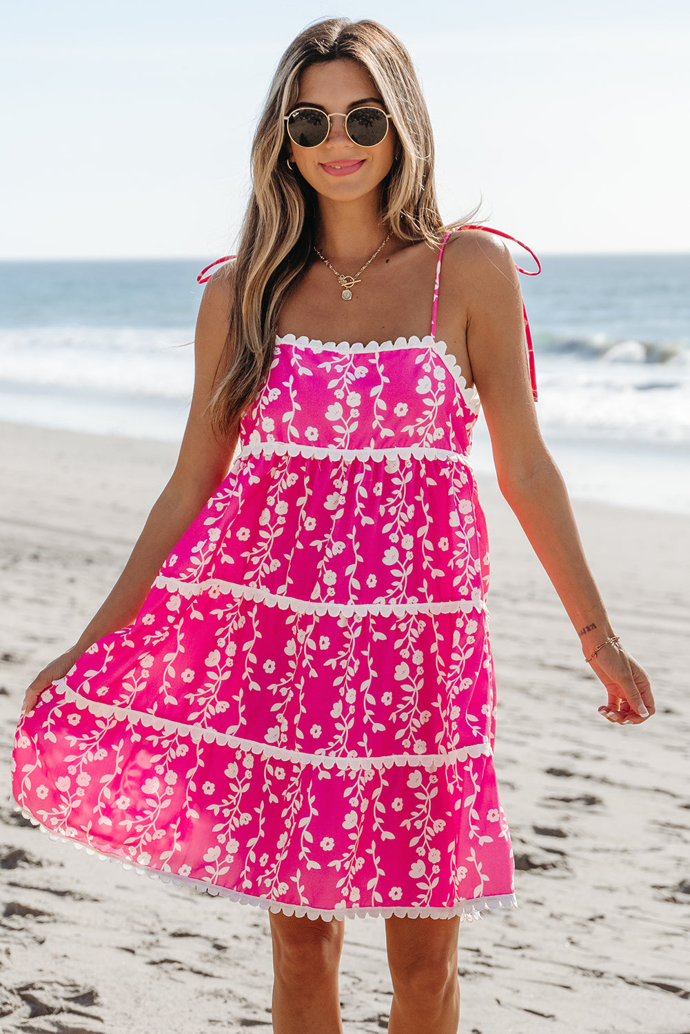 Robe courte femme floral, sans manches — rose