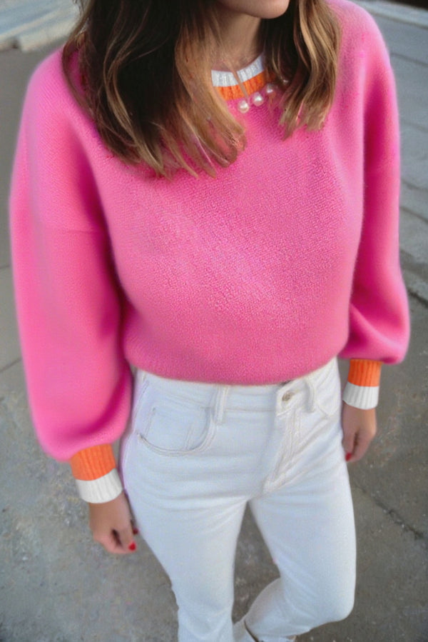 Pull femme en maille, épaules tombantes, col rond — rose