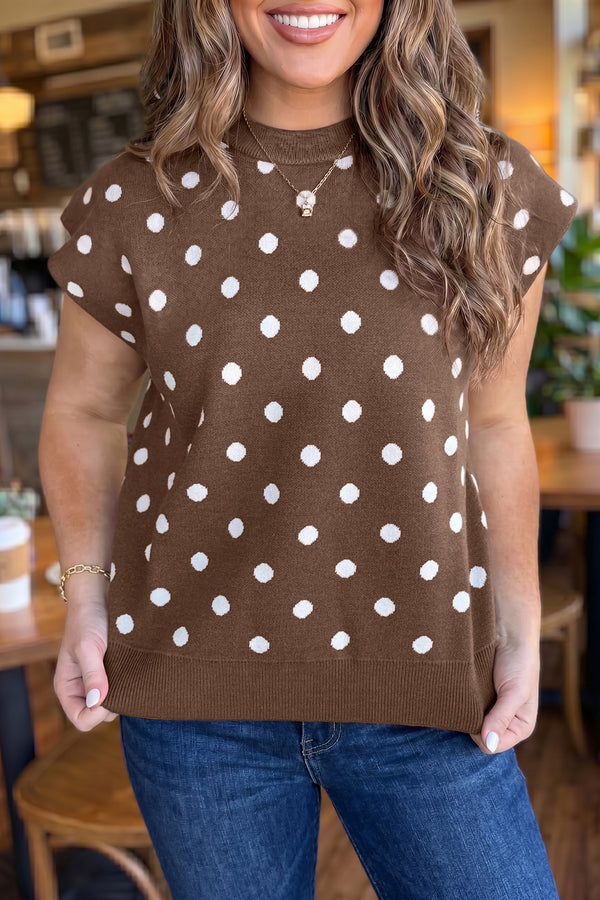 Pull femme pois, manches courtes, col rond — marron