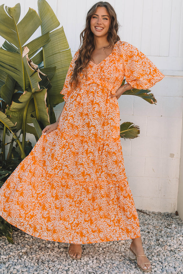 Robe longue femme floral, smocké, col V, maxi — orange