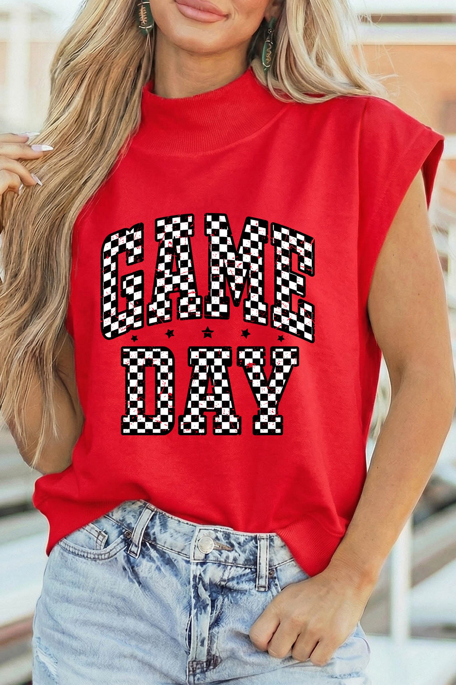 Pièce mode femme à carreaux, manches courtes, col montant — rouge