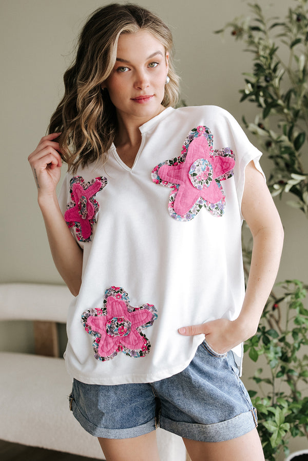 Haut femme floral, col V — blanc