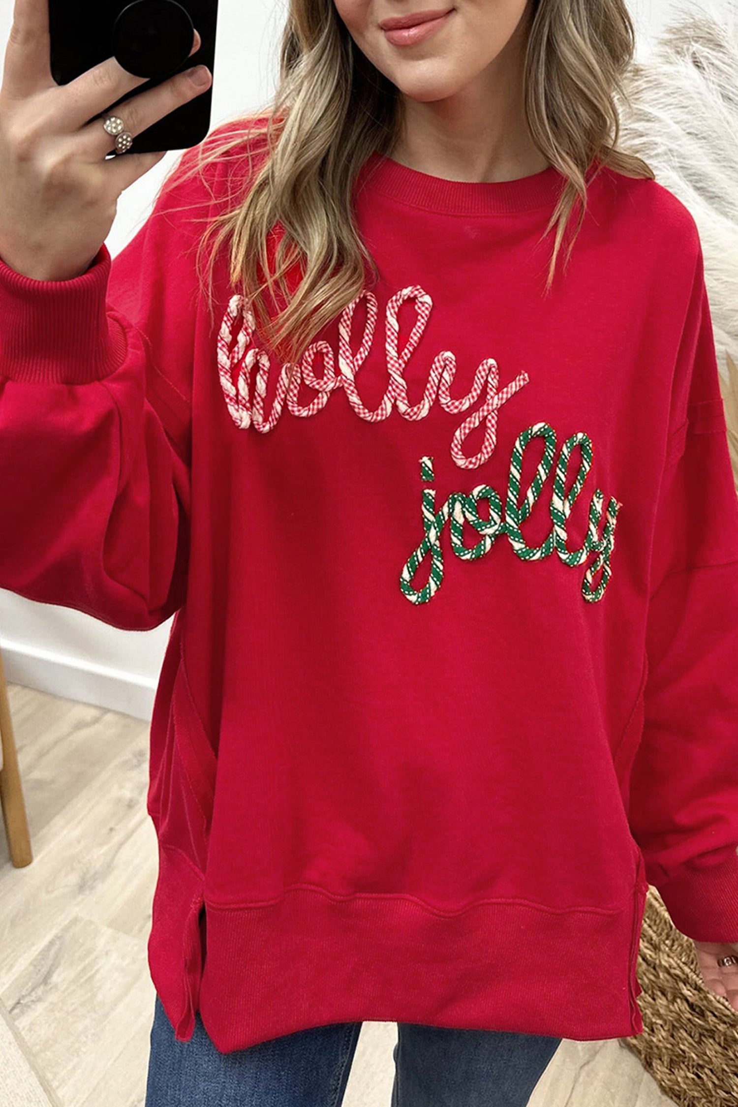 Sweat femme brodé, graphique, Noël — rouge