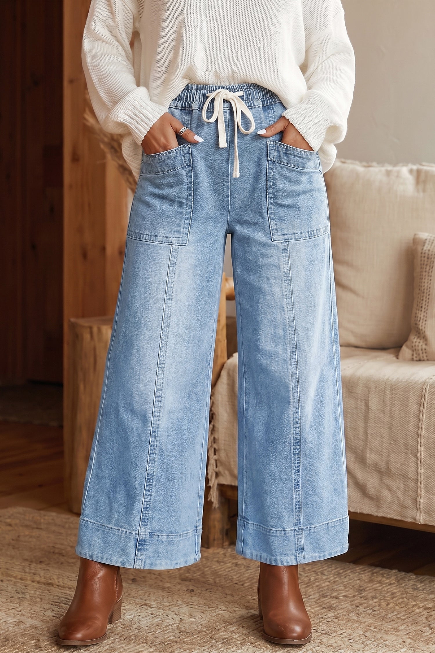 Jean femme à cordon, jambe large — bleu ciel