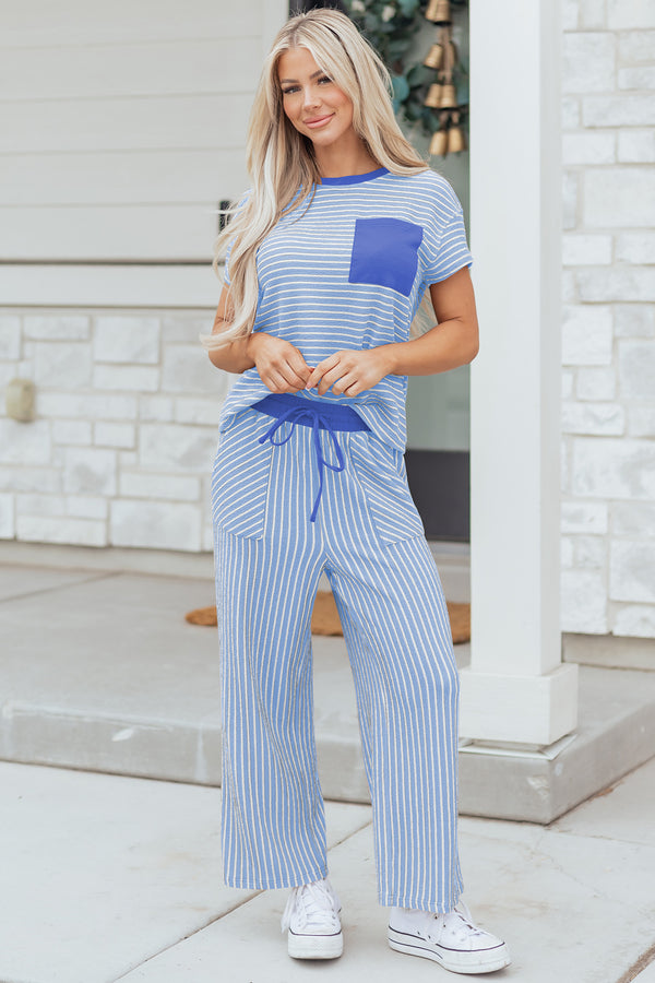 Pantalon femme rayé, à cordon, col rond, cropped — bleu ciel