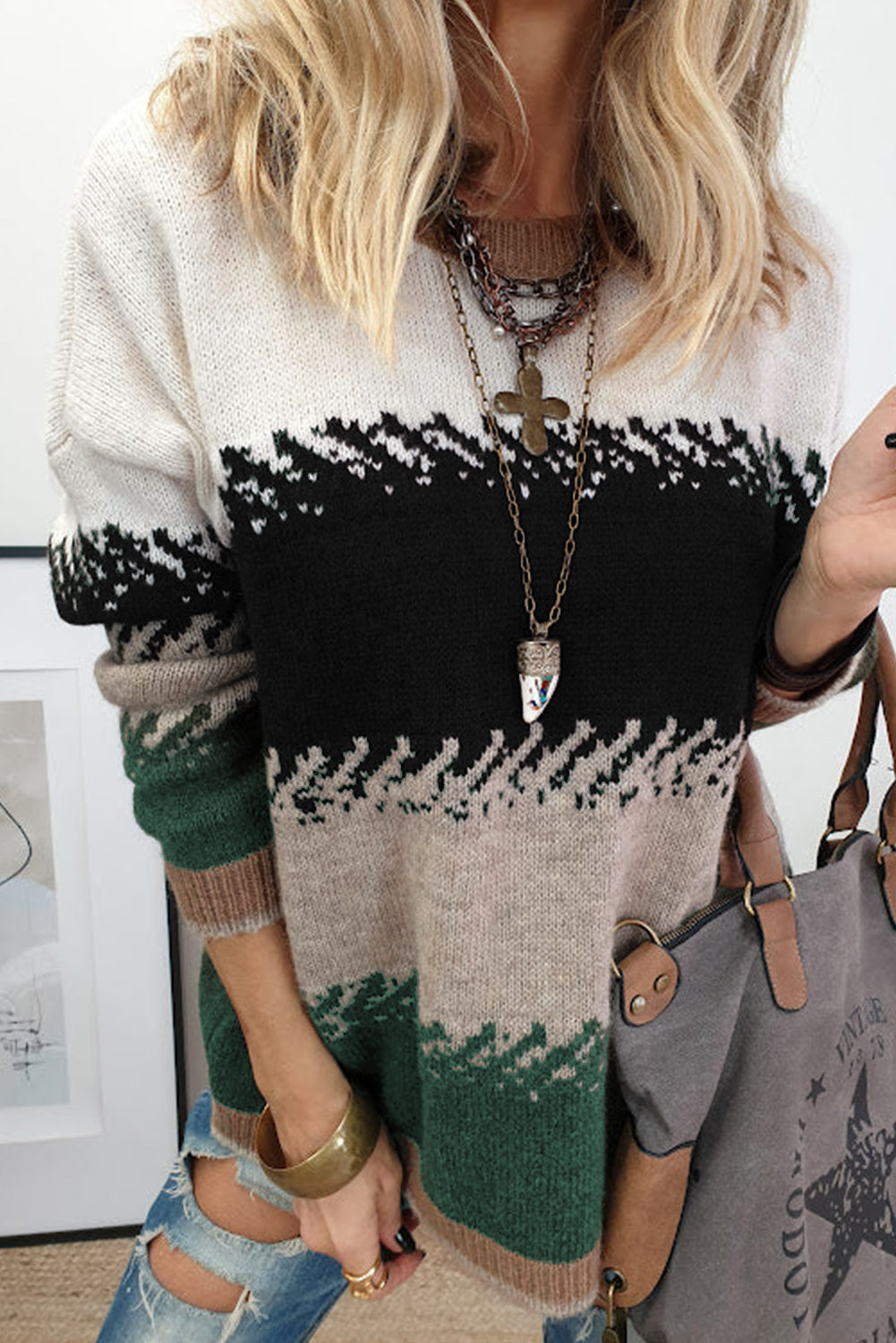 Pull femme épaules tombantes, colorblock — noir