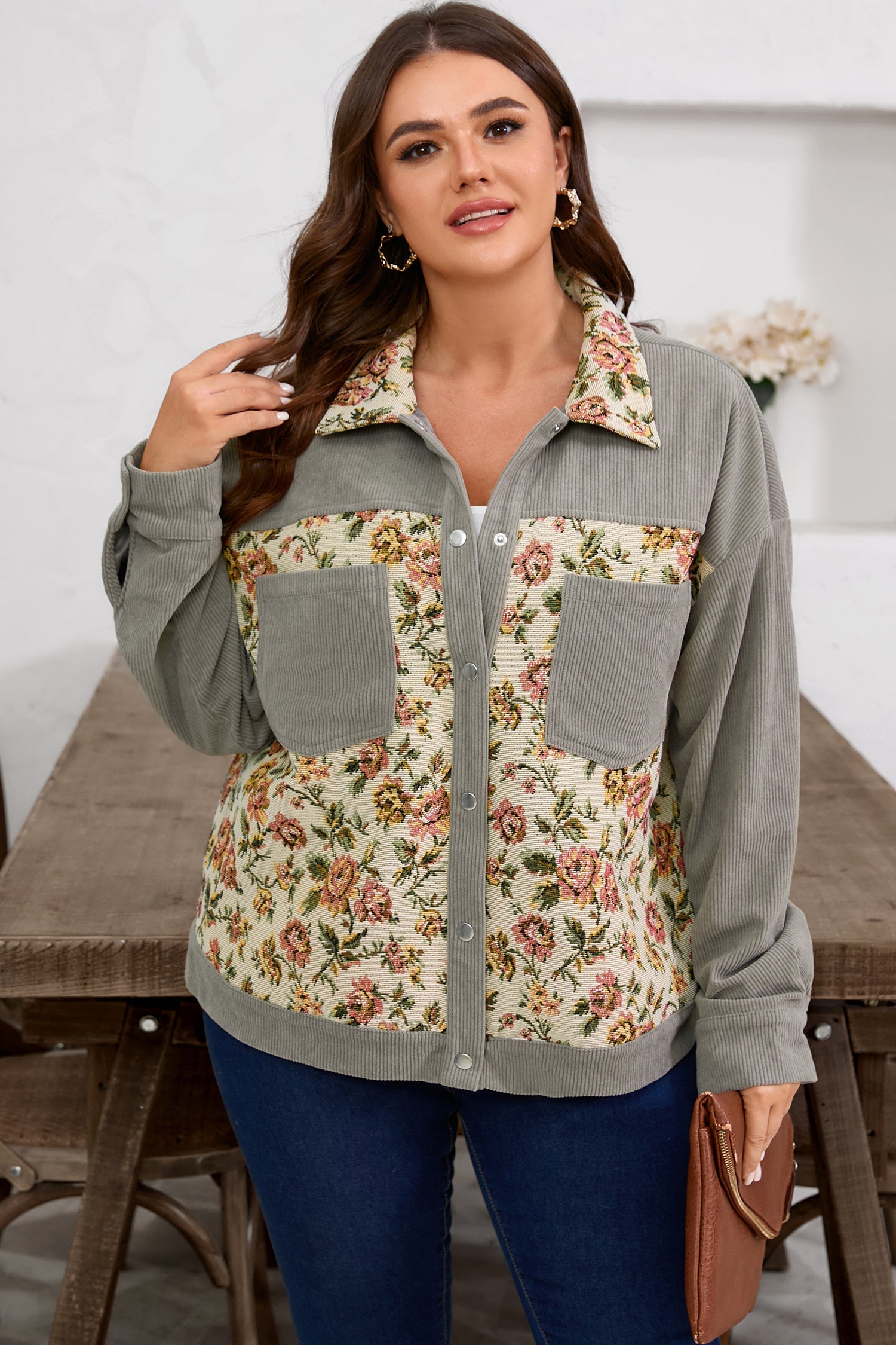 Veste femme floral, patchwork, vintage — gris
