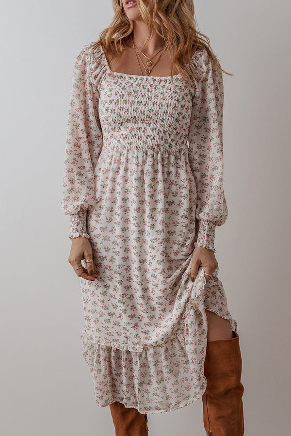 Robe midi femme floral, à volants, smocké, midi — blanc