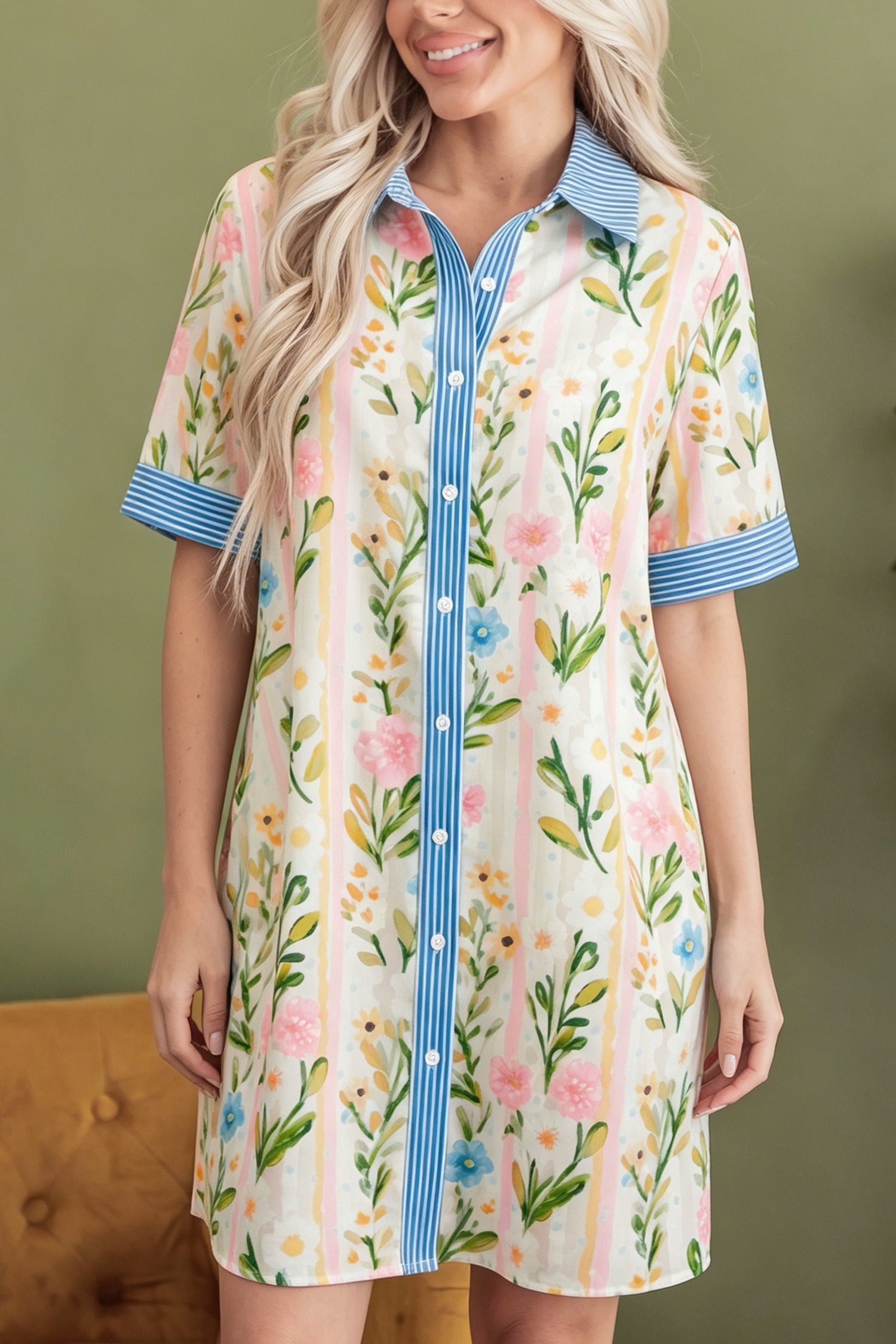 Robe femme floral, rayé, boutonnée — multicolore