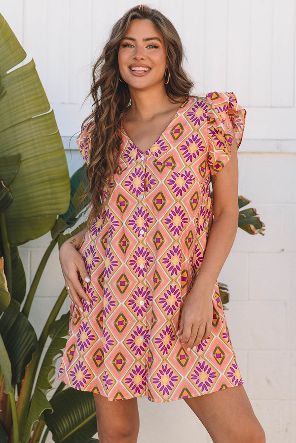 Robe courte femme floral, à volants, boutonnée, col V — orange
