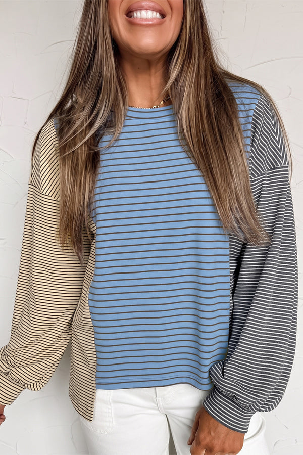 Pull femme rayé, manches longues, col rond, casual, colorblock — bleu ciel