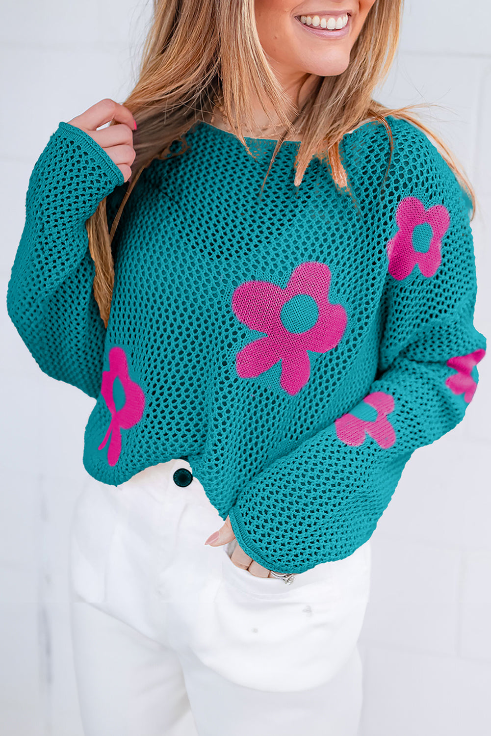Pull femme en maille, épaules tombantes — vert d'eau