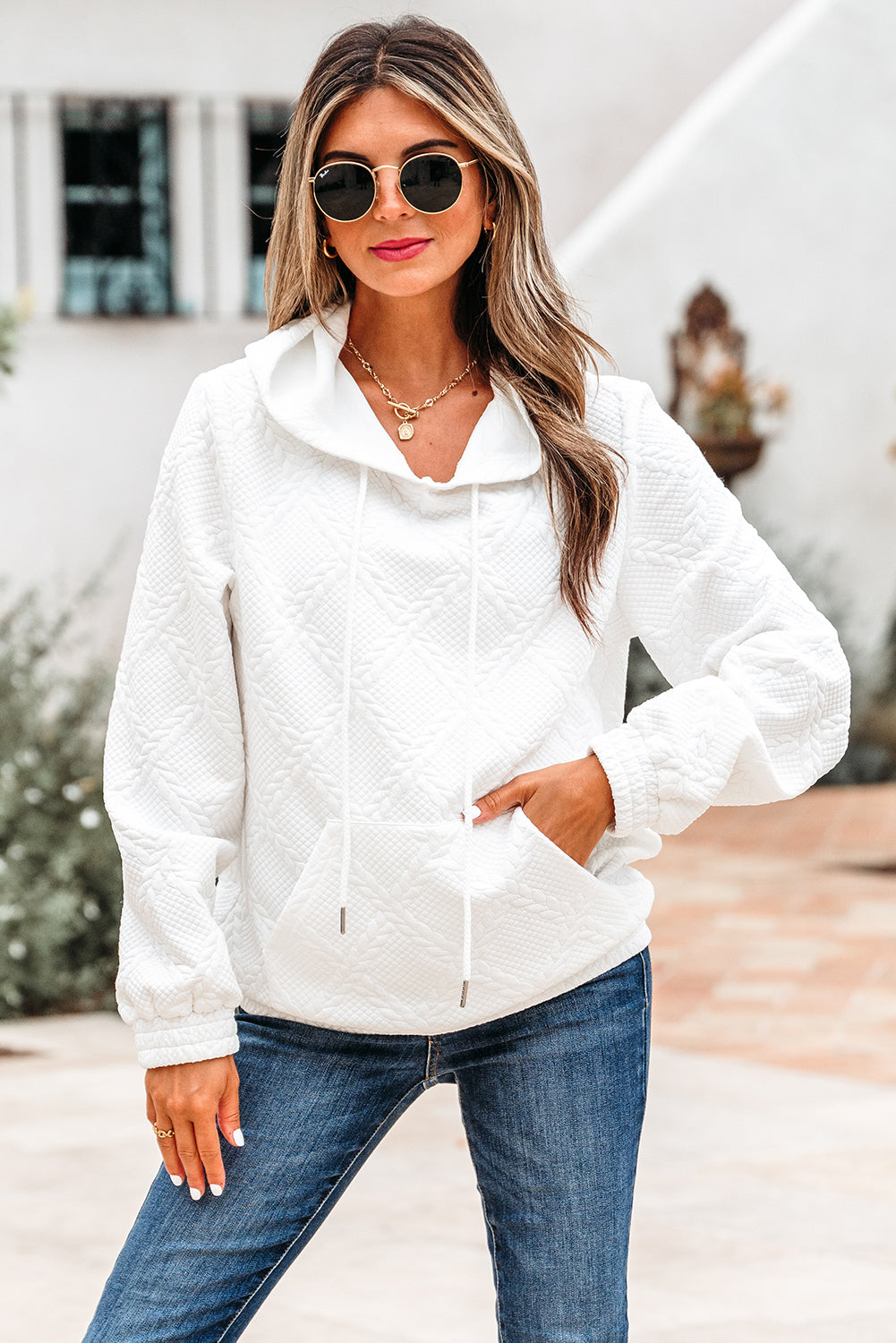White Cable Lattice Texture Kangaroo Pocket Hoodie femme
