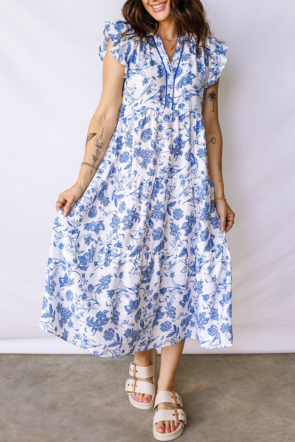Robe midi femme floral, à volants, à étages, manches courtes, midi — bleu