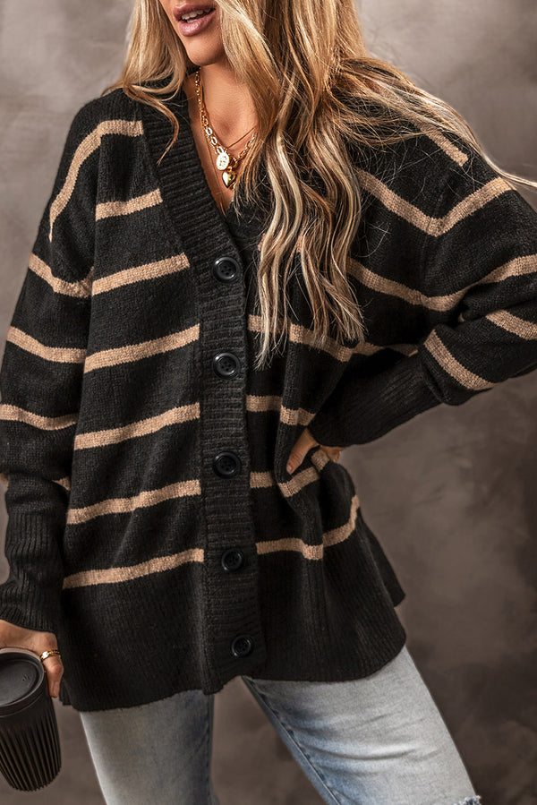 Cardigan femme rayé, boutonnée, épaules tombantes, col V, ample — noir