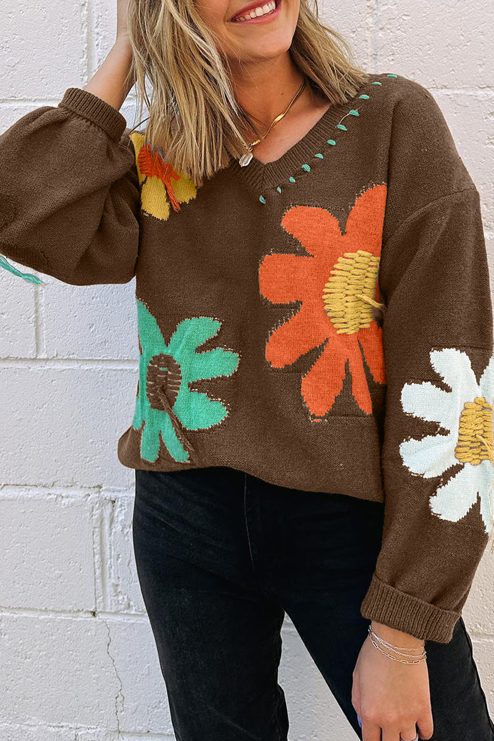 Pull femme épaules tombantes, col V — café
