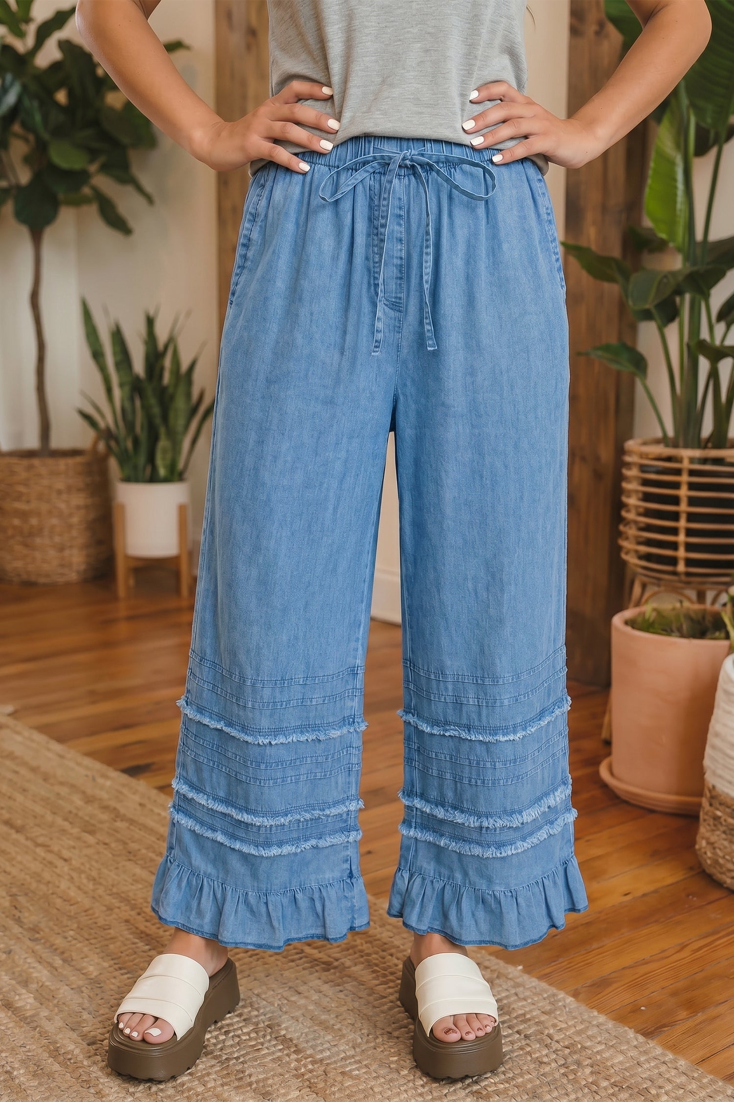 Pantalon femme à volants, jambe large — bleu