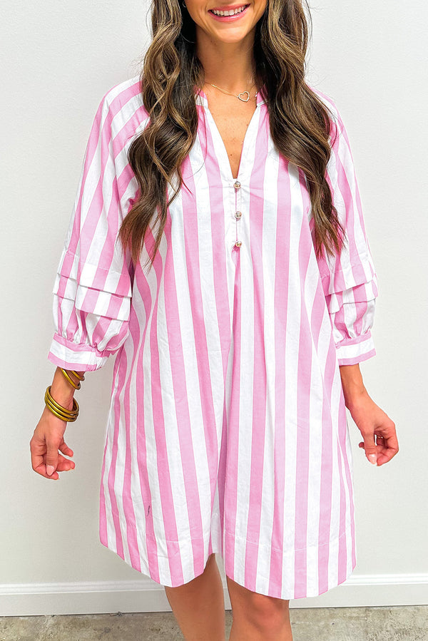 Robe courte femme rayé, boutonnée, manches bracelet, ample