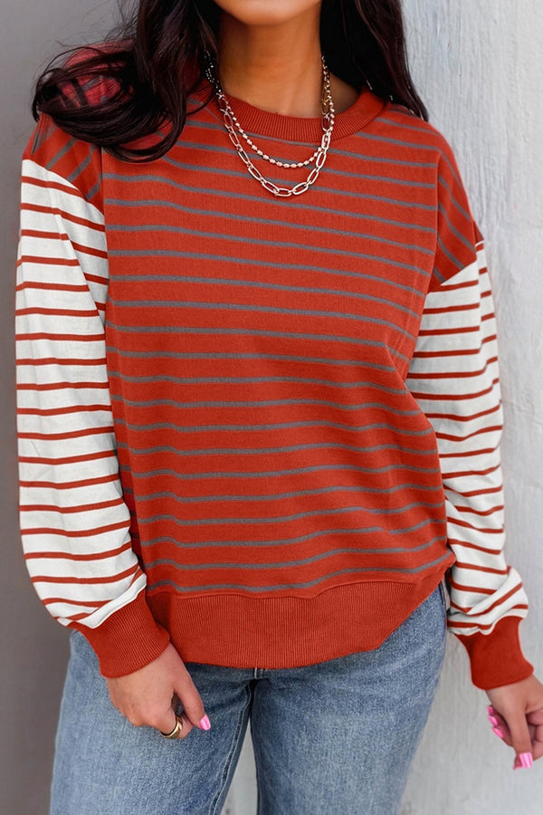 Sweat femme rayé, patchwork, manches longues, épaules tombantes — orange