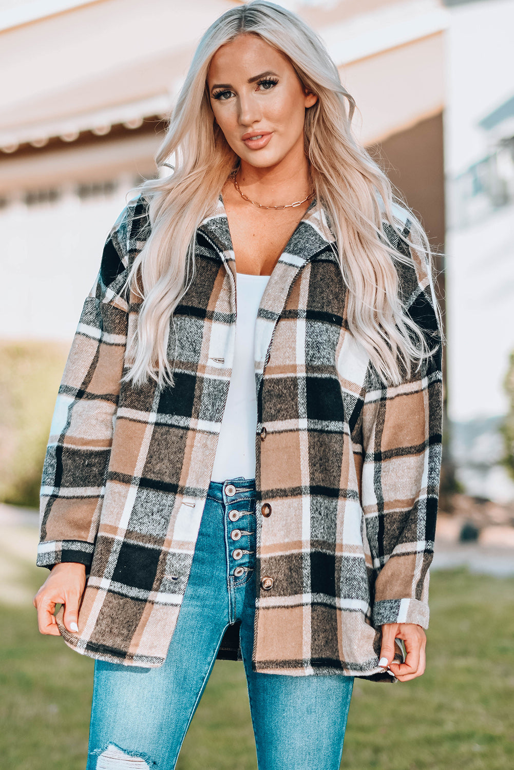Veste femme à carreaux, boutonnée