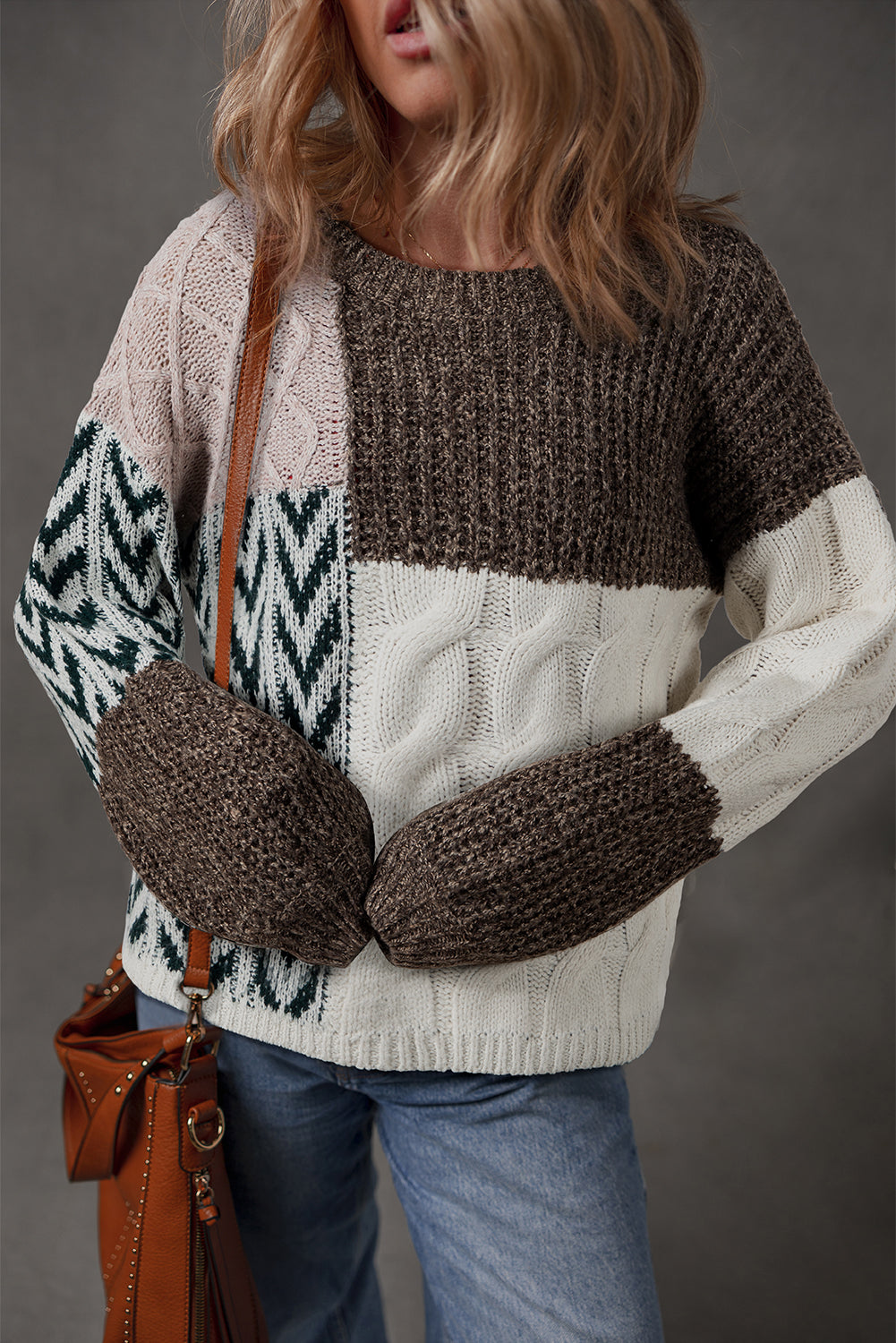 Pull femme patchwork, ample, colorblock — marron-P1722