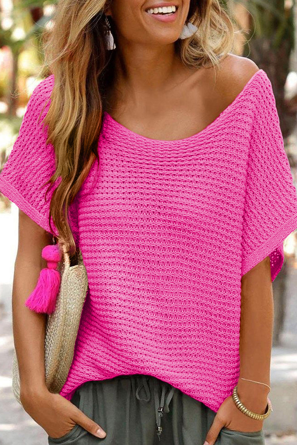 Short femme en maille, ample, uni — rose