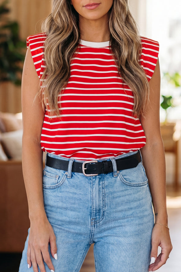 Débardeur femme rayé, col rond, ample, côtelé — rouge