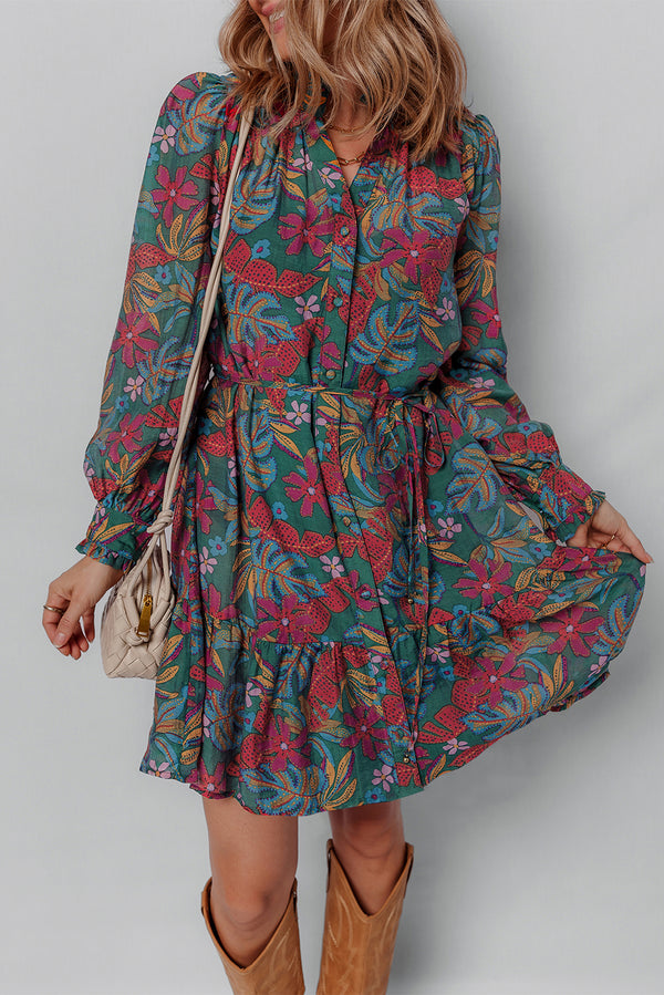 Robe femme floral, à volants, manches bouffantes, col V — vert