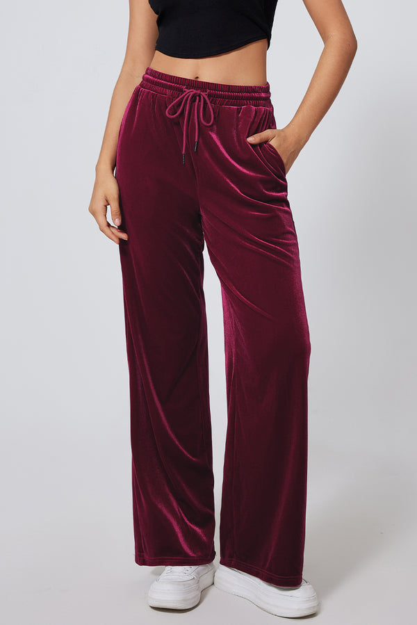 Pantalon femme à cordon, jambe large, uni — bordeaux