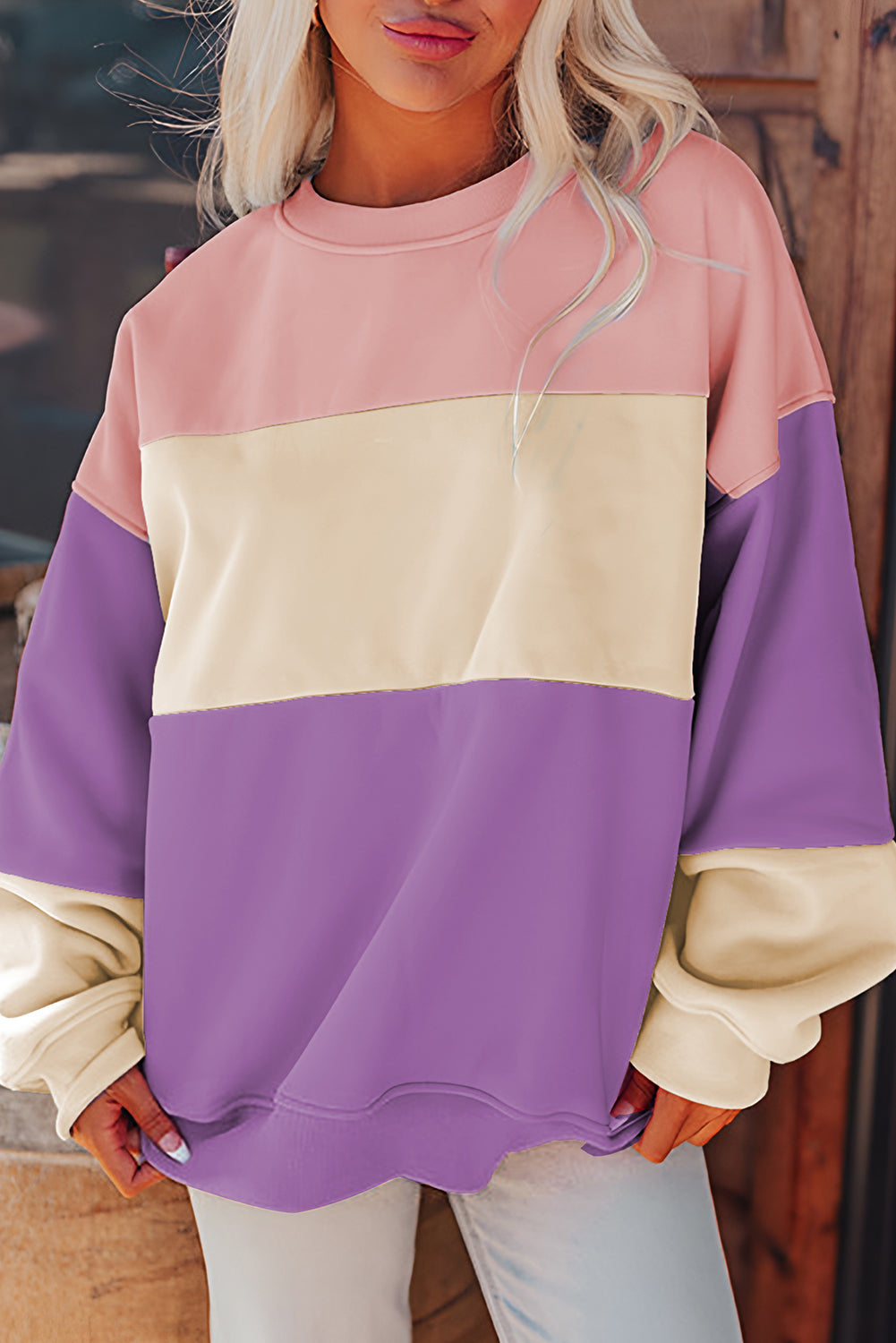 Sweat femme patchwork, épaules tombantes, colorblock-P1208