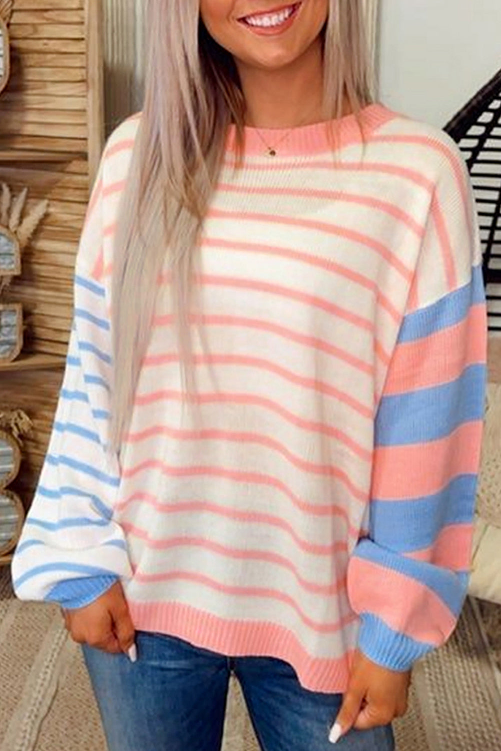 Pull femme rayé, épaules tombantes, colorblock