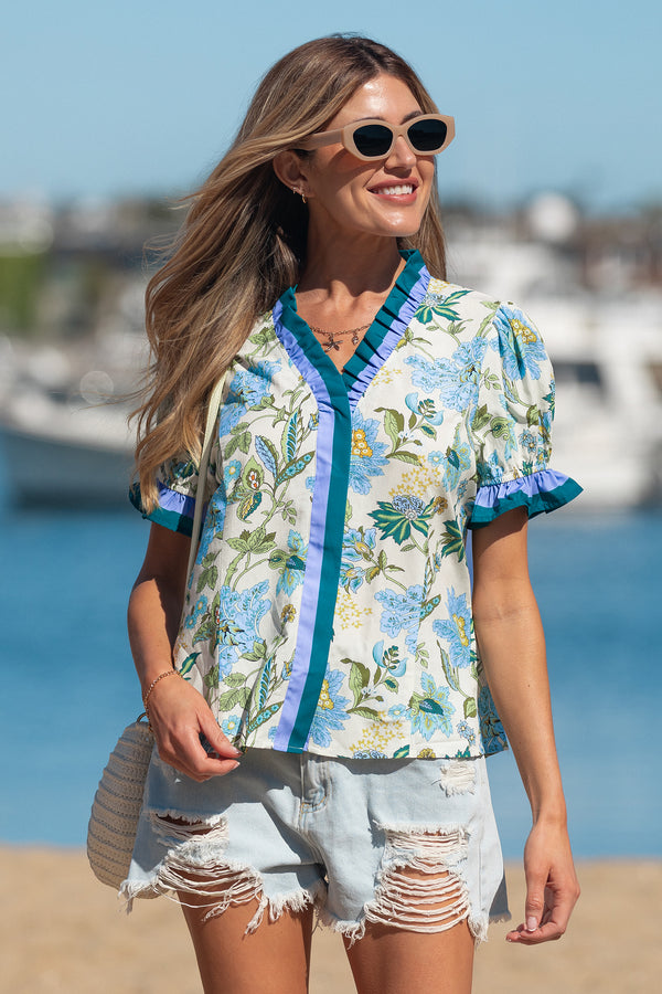 Blouse femme floral, rayé, manches courtes — beige