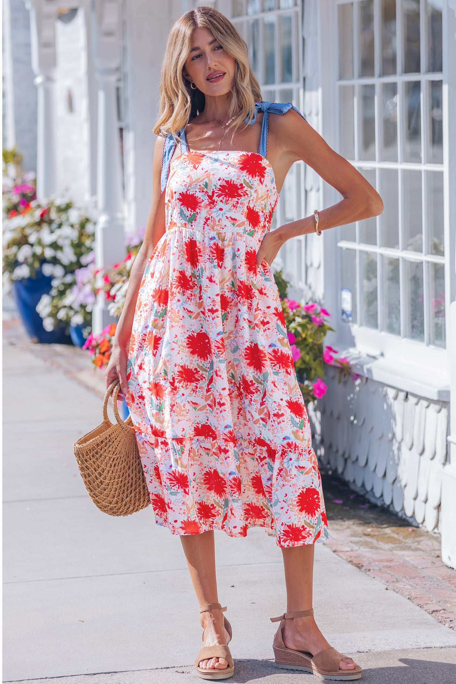 Robe femme floral, bretelles, taille haute, denim — rouge