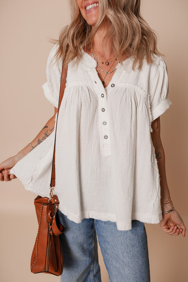 Blouse femme boutonnée, manches courtes — blanc