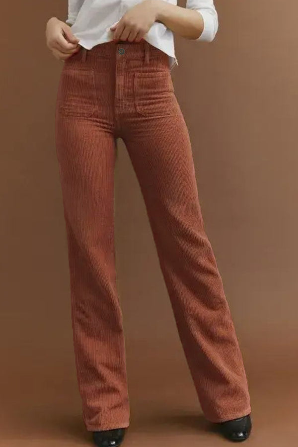 Pantalon femme poches, taille haute — marron