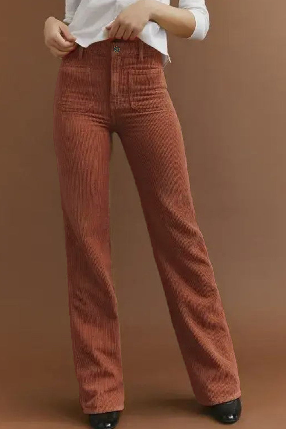 Pantalon femme poches, taille haute — marron