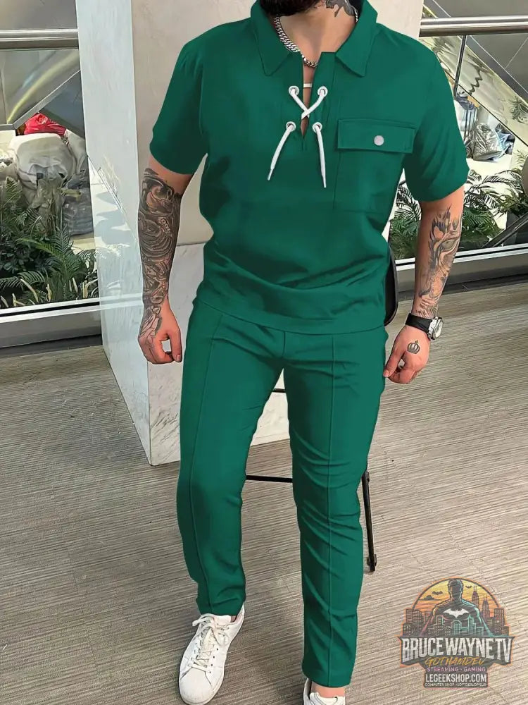 Ensemble homme grande taille en vert avec poche et lacets pour un look décontracté élégant