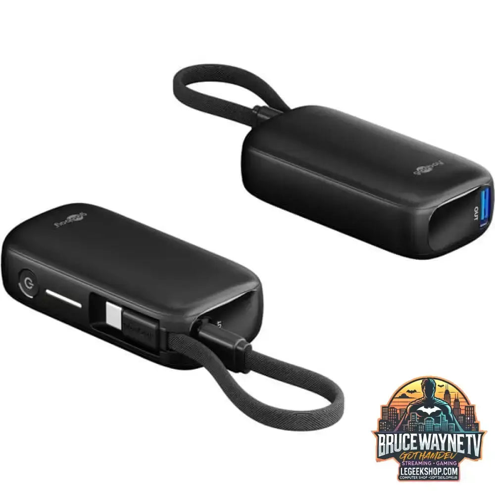 goobay Powerbank 5.000 mAh, integriertes USB-C Kabel 13cm, 20 Watt schwarz, 5 Ah, 1x USB-A, 1x USB-C, PD, QC - Stromquelle: USB-C - vue 3