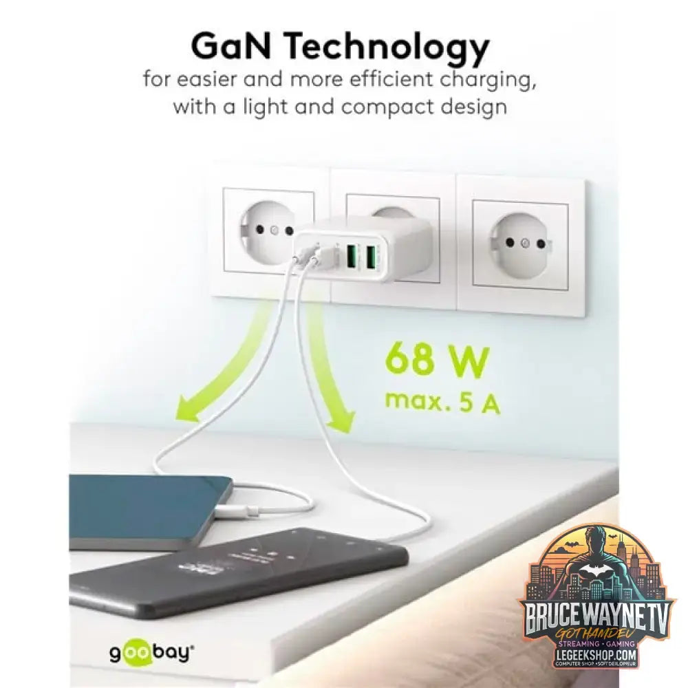 goobay USB-C Multiport-Schnellladegerät, PD, GaN, 68 Watt weiß, 2x USB-C, 2x USB-A, Power Delivery, QuickCharge - goobay - vue 6
