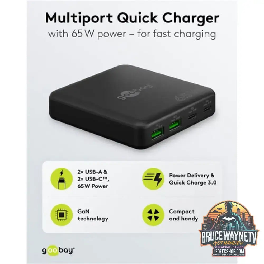 goobay USB-C Multiport-Tischladegerät, PD, GaN, 65 Watt schwarz, 2x USB-C, 2x USB-A, Power Delivery, QuickCharge 3.0 - goobay - vue 5