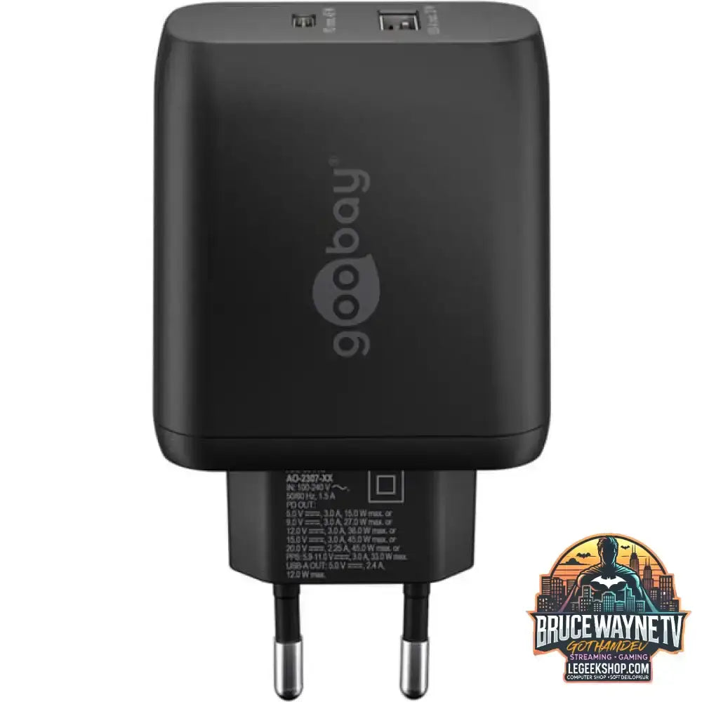 goobay USB-C PD Dual-Schnellladegerät 45 Watt schwarz, 1x USB-A, 1x USB-C PD, GaN-Technologie - goobay - vue 2