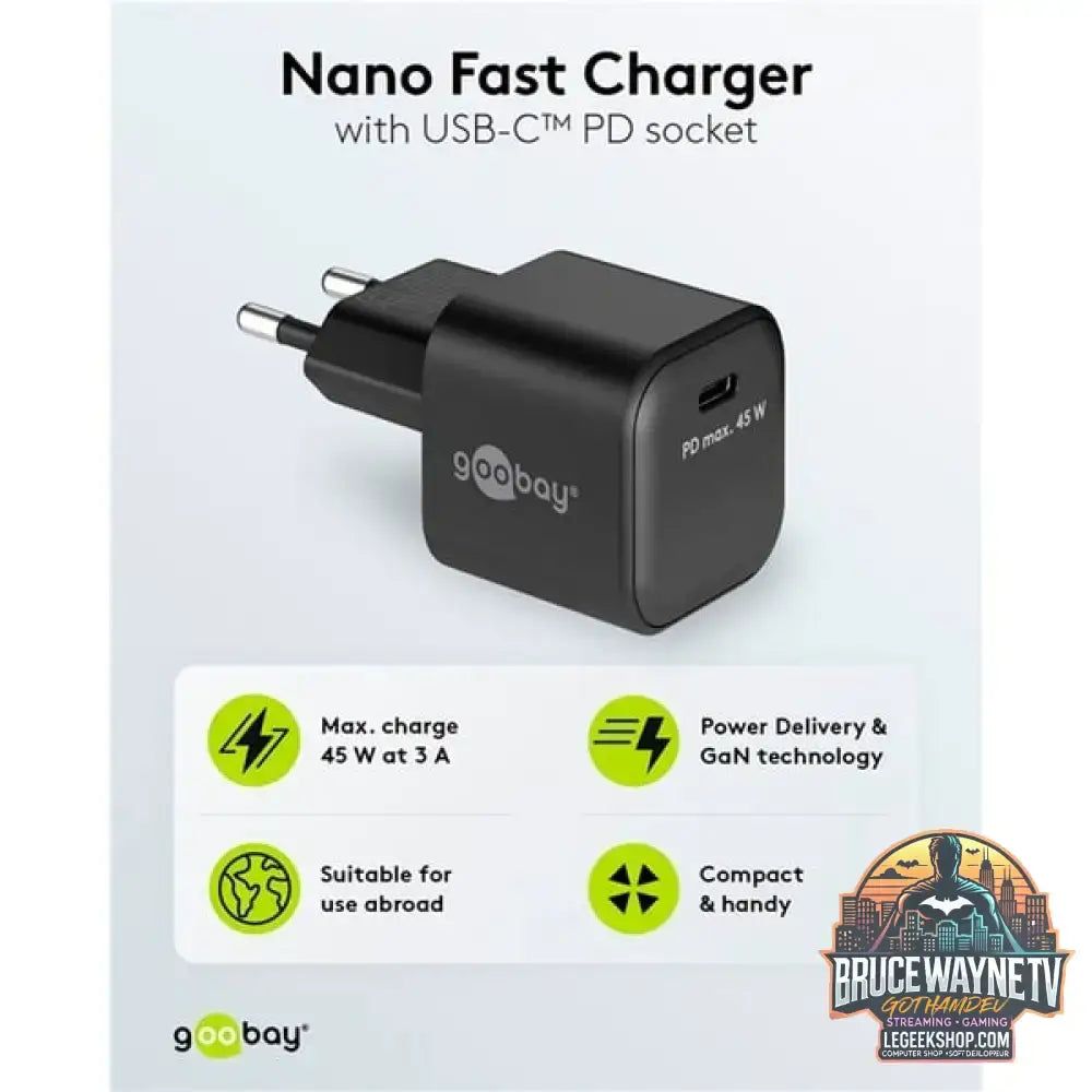 goobay USB-C Schnellladegerät Nano, PD, GaN, 45 Watt schwarz, 1x USB-C, Power Delivery 3.0 - goobay - vue 8
