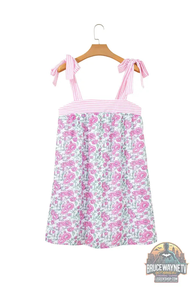 Mini-Robe Femme Patchwork Floral et Rayures - Bretelles Noeud Papillon - Sans Manches - Bleu Ciel et Rose - Robe Femme