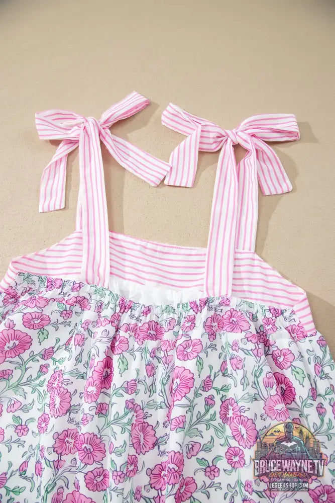 Mini-Robe Femme Patchwork Floral et Rayures - Bretelles Noeud Papillon - Sans Manches - Bleu Ciel et Rose - Robe Femme