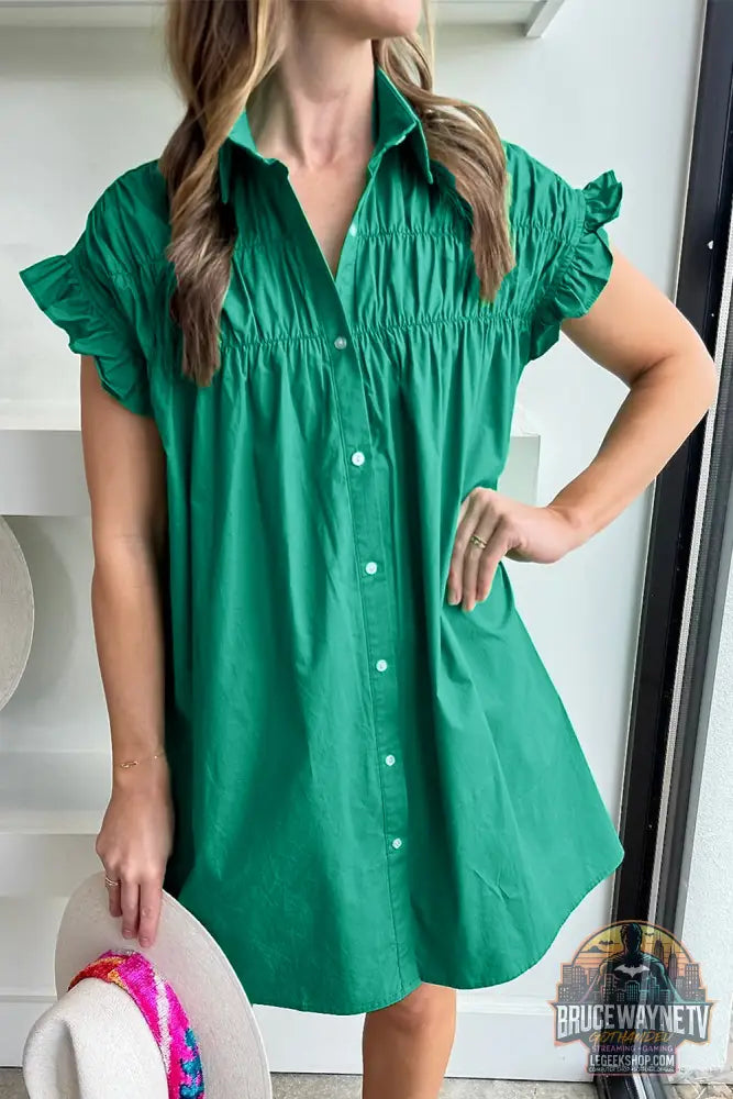 Robe courte boutonnée à manches volantées et froncée vert vif - Dresses/Mini Dresses