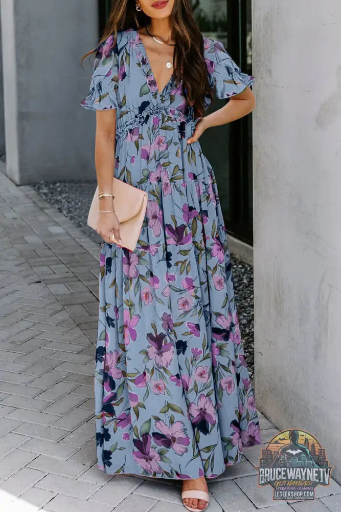 Robe longue à imprimé floral ardent et à volants col en V manches courtes bleu ciel - Sky Blue / S / 100% Polyester